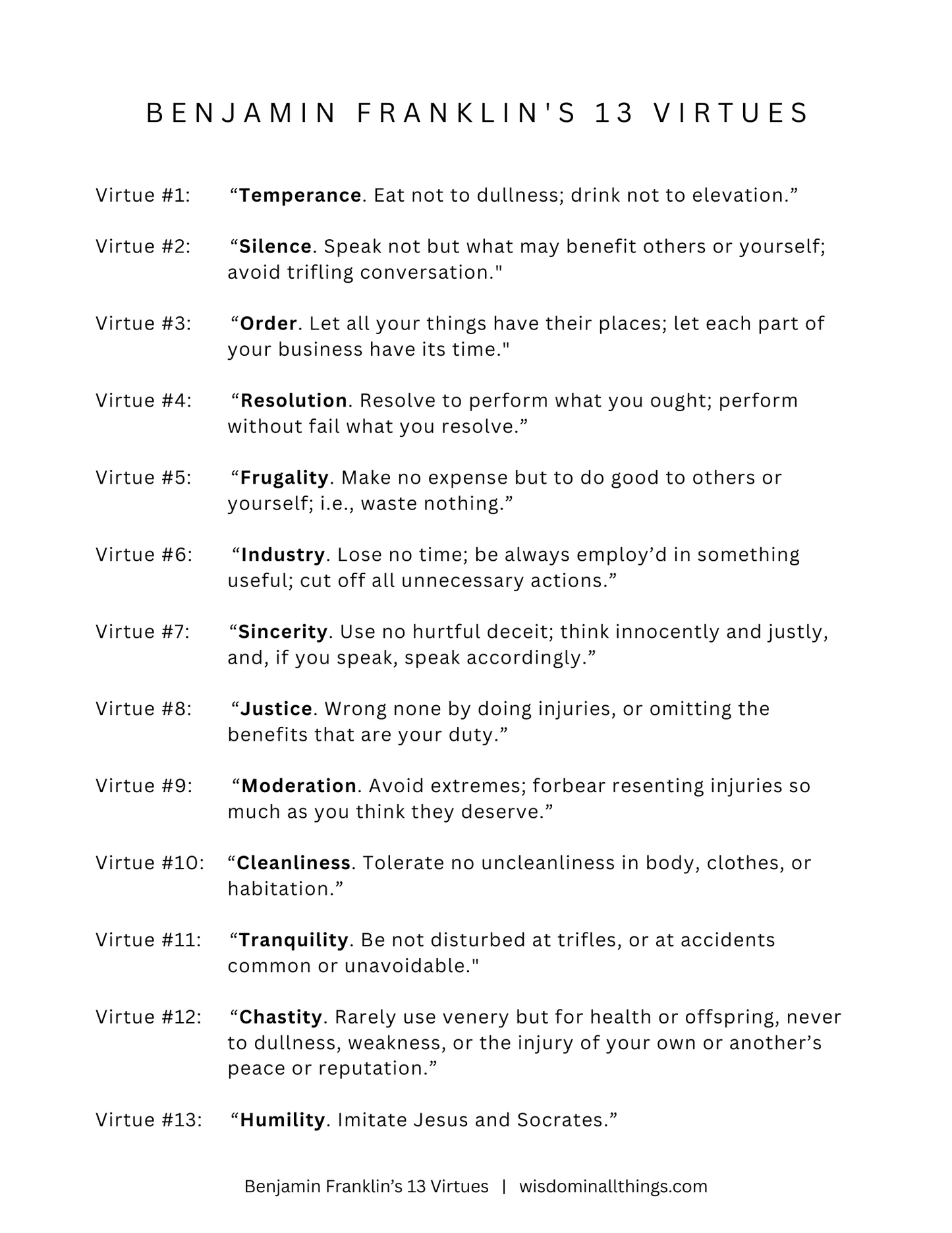 Benjamin Franklin’s 13 Virtues – Printable Chart + Weekly Habit Tracker (PDF)